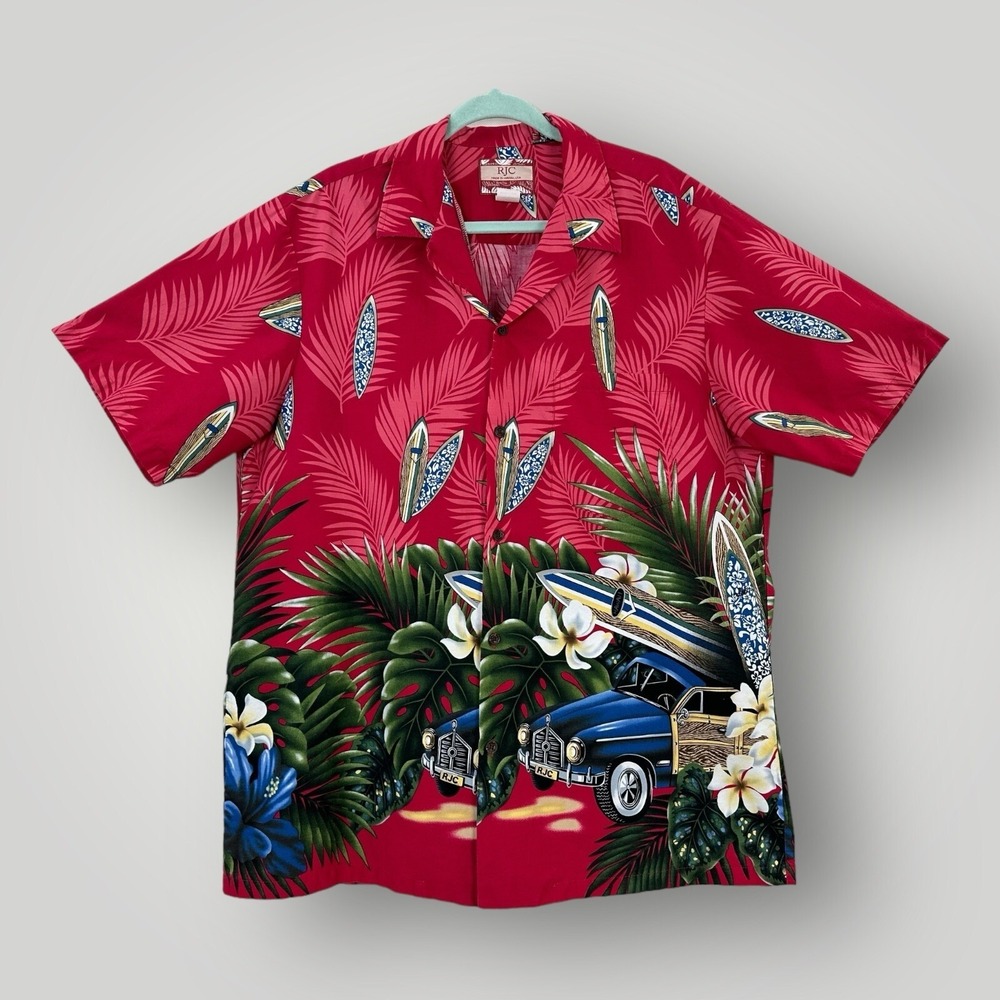 VTG RJC Hawaiian Shirt Mens Size XL Red Surfboards‎ Woody Car Surf Made in USA